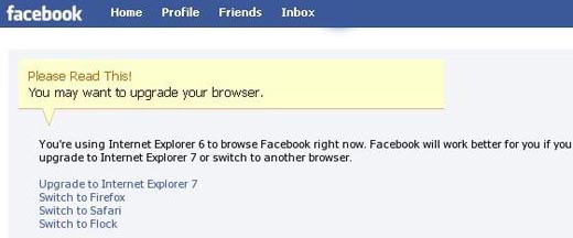 Facebook IE6 Message