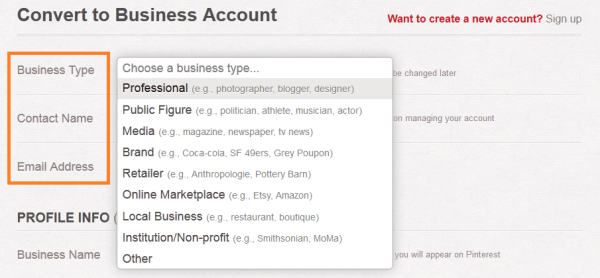 Choose Your Business Type on Pinterest